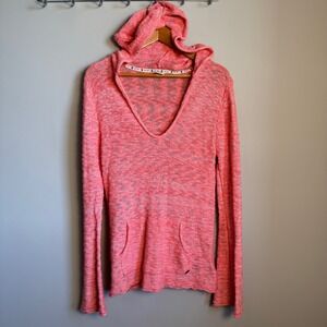 Roxy Hoodie Sweater Knit Coral V Neck Pockets Long Sleeve Womens XL‎